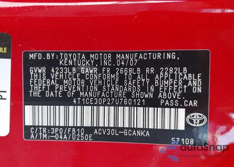 2007 Toyota Camry Solara Se/Sle/Sport from USA, damaged, VIN 4T1CE30P27U760121